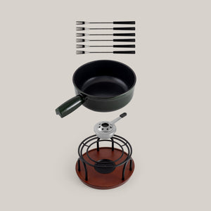 Ticino Green Cast Iron Cheese Fondue Set