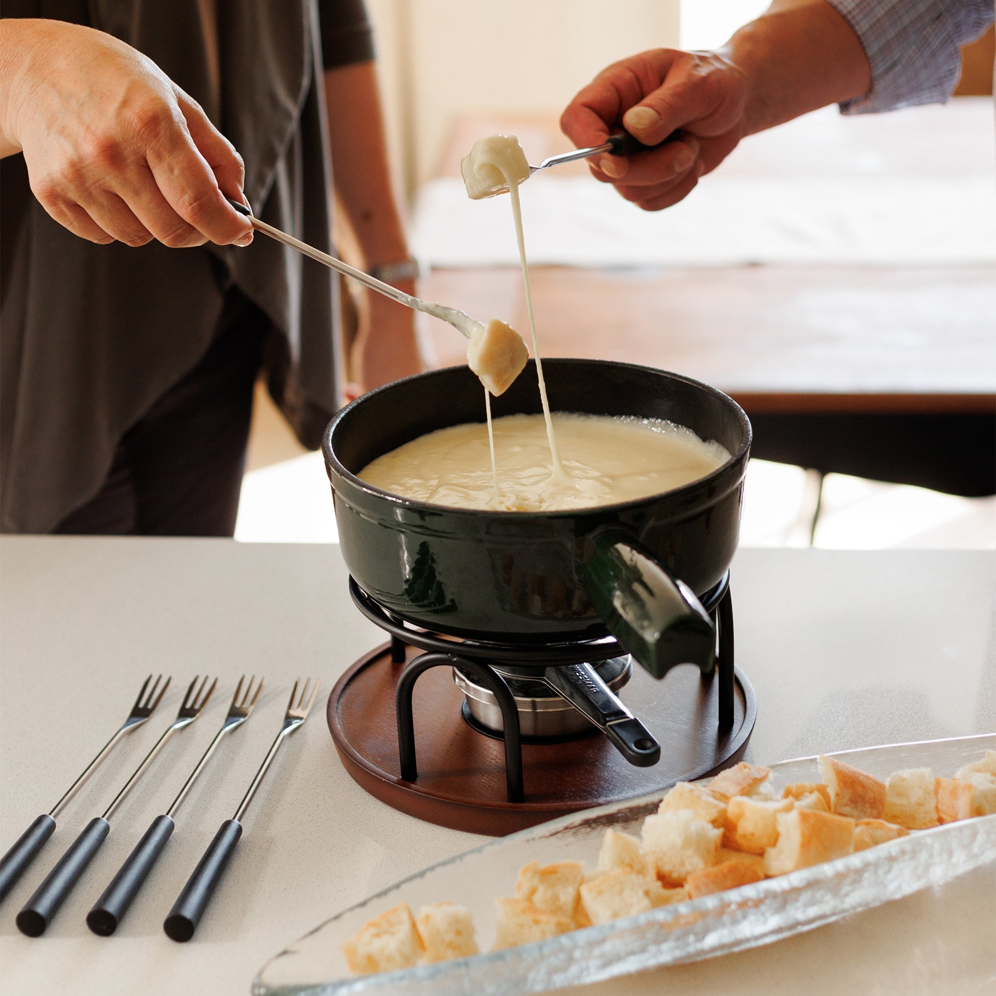 Ticino Green Cast Iron Cheese Fondue Set