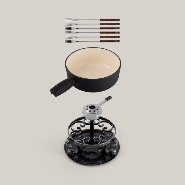 Lugano Matte Black Cast Iron Cheese Fondue Set