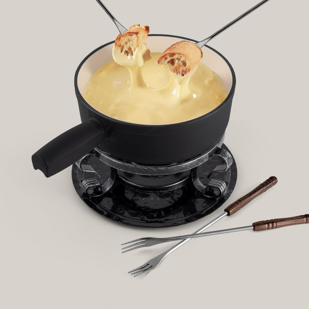 Lugano Matte Black Cast Iron Cheese Fondue Set