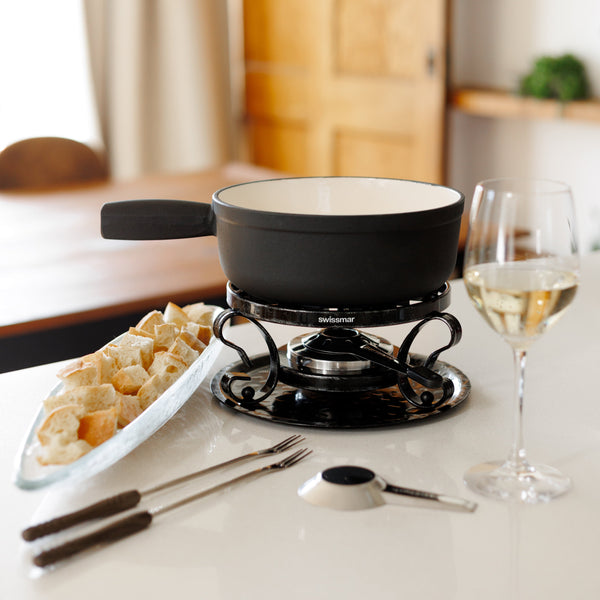 Lugano Matte Black Cast Iron Cheese Fondue Set