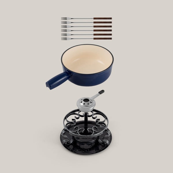 Lugano Blue Cast Iron Cheese Fondue Set
