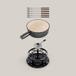 Lugano Metallic Black Cast Iron Cheese Fondue Set