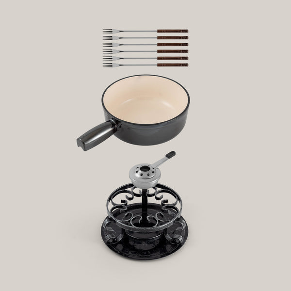 Lugano Metallic Black Cast Iron Cheese Fondue Set
