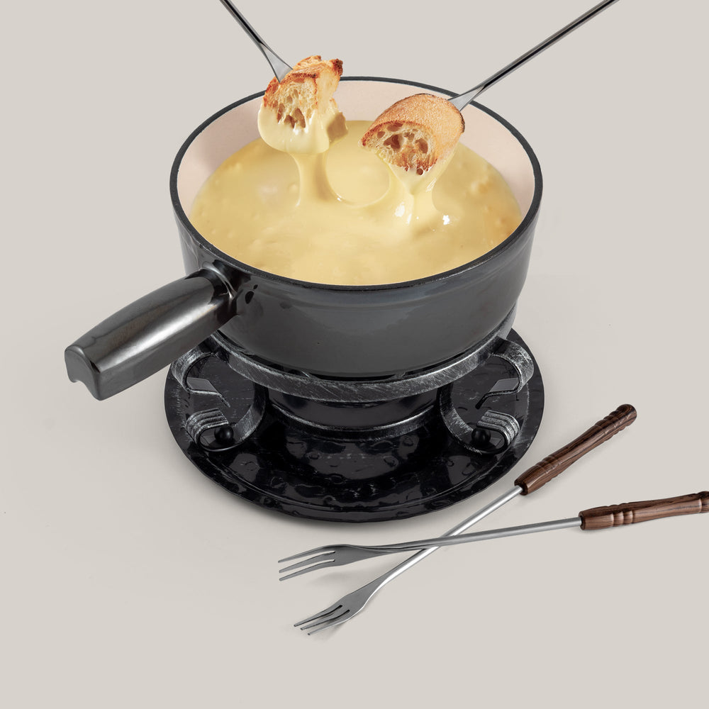 Lugano Metallic Black Cast Iron Cheese Fondue Set