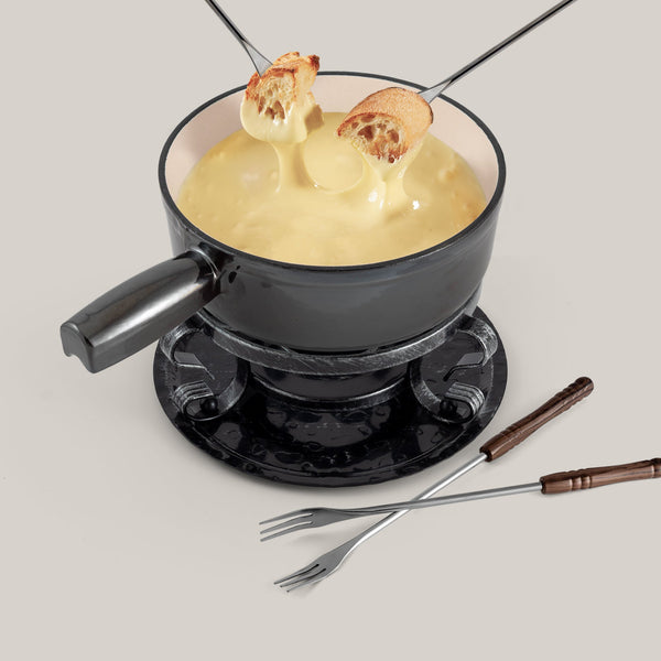 Lugano Metallic Black Cast Iron Cheese Fondue Set