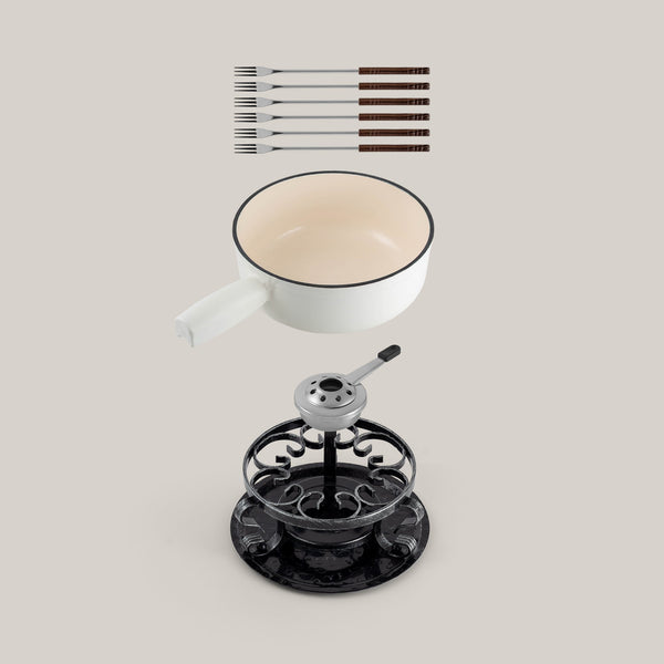 Lugano White Cast Iron Cheese Fondue Set