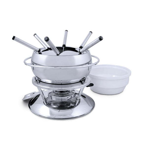 Swissmar Züri 11 Pc Stainless Steel Fondue Set with splatter guard on top and the ceramic bowl off to the side