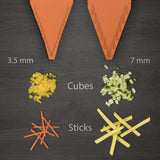 Börner VPower V-Slicer Mandoline orange julienne inserts side by side with examples of cubed and julienne slices in the two different sizes